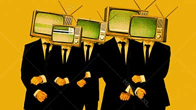 Men dancing, wearing suit with TV on head