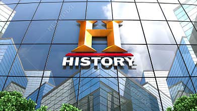 April 2019, Editorial use only, 3D animation, History Channel logo on glass building.