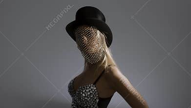 Young woman wearing top hat with sparkly veil and bustier