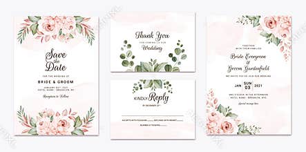 Floral wedding invitation template set with white and peach roses flowers and leaves decoration. Botanic card design concept