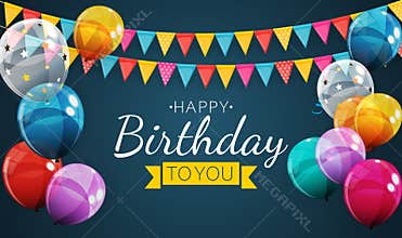Happy Birthday Holiday Party Background with Flags and Balloons. Vector Illustration