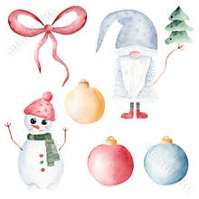 Christmas gnome, snowman, tree and balls watercolor clipart. Hand painted illustration. Printable Xmas decoration.