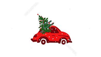 Animation. 4K. Red retro car and decoration Christmas tree in blizzard. Holiday banner. Xmas greeting card. New Year concept.