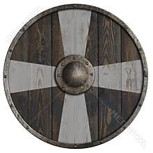 Round wooden shield with white cross 3d illustration