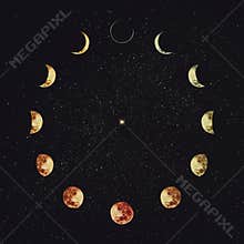 Moon phases over starry night sky background. Astronomy and astrology conceptual scene. Esoteric magic celestial signs, lunar
