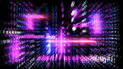 Matrix alphabet dimension vertical and horizental with magenta blue and purple laser abstract light effect falling black screen