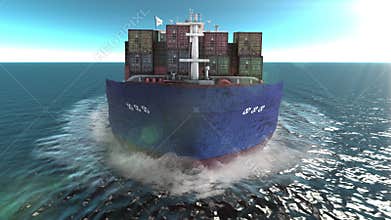 Front view -Cargo ship with containers sailing in the open blue sea