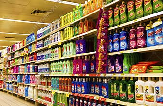 House cleaning products at a supermarket stand for sale