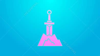 Pink line Sword in the stone icon isolated on blue background. Excalibur the sword in the stone from the Arthurian
