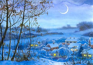 Watercolor landscape. Lighted windows in homes