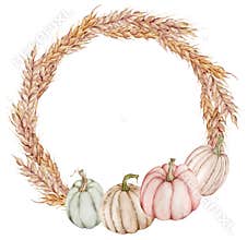 Fall wreath with pumpkins. Watercolor Thanksgiving template decorate with yellow leaves and colorful pumpkins