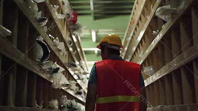 Crane follow video shot of Asian male worker patrolling the goods placed on the shelves