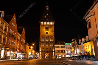 The Old Gate Altpoertel in Speyer, Germany at night. The medieval city gate
