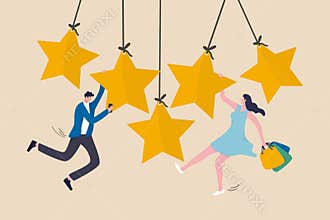 Customer experience rating, user experience feedback or review star rating on product and service concept, happy young lady
