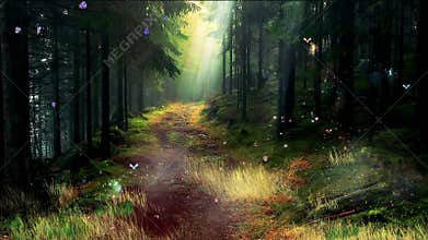 Animation background of magic forest witn brilliant bugs.