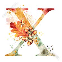 Fall Watercolor Letter X. Watercolor Autumn Alphabet.