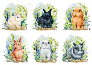 Fluffy bunny. Spring cute rabbit on the grass, watercolor illustration