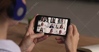 Diverse mixed race business people holding video conference negotiations.