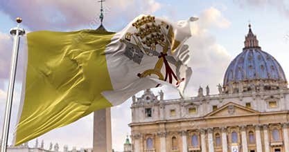 The flag of the Vatican city state fluttering in the wind with St. Peter`s basilica
