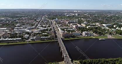A sweeping aerial shot of the Volga river in Tver.