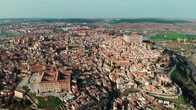 Above aerial drone view Toledo. Spain