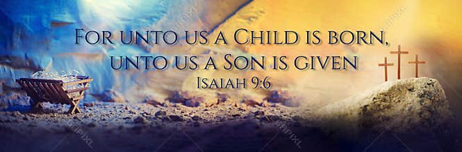 Christian Christmas and Easter concept. Birth, death, resurrection of Jesus Christ. Wooden manger, nativity scene, three