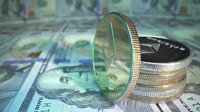 Cryptocurrency. Popular Gold crypto coin Etherium rotate on the surface with many american dollars in macro shot