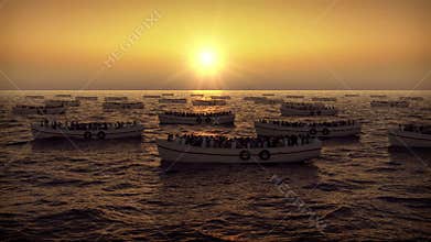 Refugees on boats floating on the sea