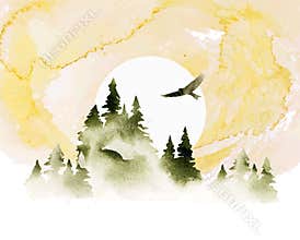 Watercolor summer vector landscape in green and golden colors. Forest, eagle and sunrise. Hand drawn illustration