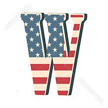 Capital 3d letter W with american flag texture isolated on white background. Vector illustration. Element for design. Kids
