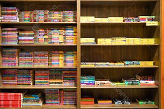 Kolkata, India, February 12.2021. A photo of bookshelf with many colored story books and graphic novel for sale inside a book shop