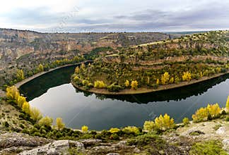 Autumn landscape, canyoned river with green, yellow trees. Hoces Duraton River