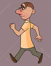 Cartoon man with glasses confidently walking fast