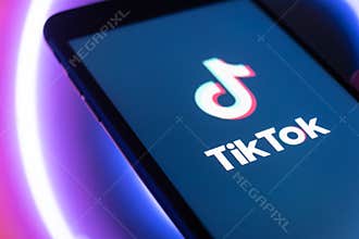 Smartphone with TIK TOK logo, Tiktok app screen on mobile. Moscow 1 March 2021.