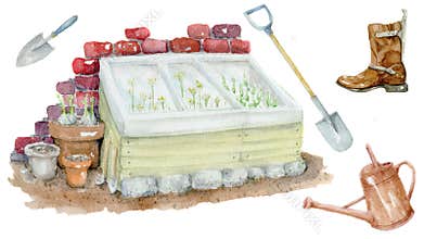 Watercolor illustration of garden composition. Gardening time composition for clipart, stickers isolated on white background