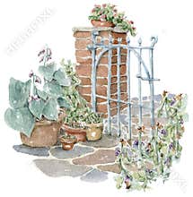 Hand drawn watercolor illustration of english garden. Seret garden fence clipart isolated on a white background