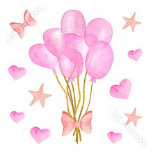 Watercolor bunch of pink balloons, stars, bows and hearts set. Hand drawn cute Birthday clipart. Air balloons for kids, party,
