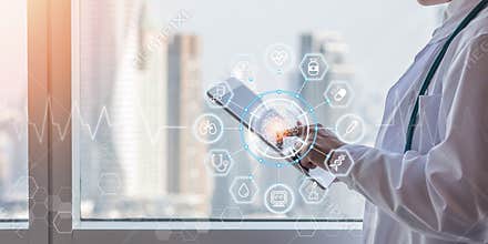 Health tech medical science ai technology, innovative iot global healthcare with doctor on telehealth