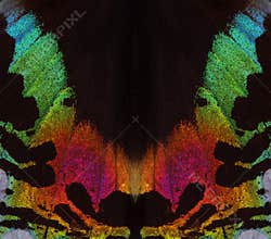 Madagasgan Sunset Butterfly, Fragment of the wing of a tropical butterfly. Colors of rainbow. Abstract butterfly wing pattern clos