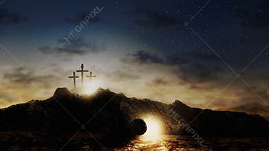 Three crosses on a hill with the Lord Jesus tomb