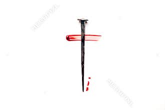 Christian cross made with rusty nails, drops of blood on white background. Copy space. Good Friday, Easter day