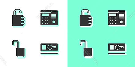 Set Key card, Safe combination lock, Open padlock and House intercom system icon. Vector