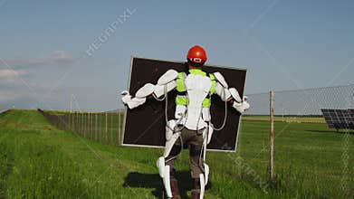Unrecognizable engineer carrying photovoltaic panel