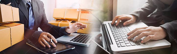 Young woman small business owner online shopping at home. taking note of orders from customers with mobile phones. SME