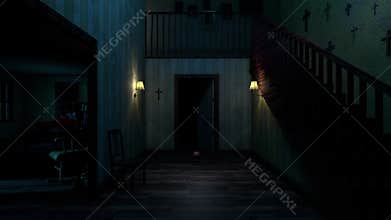 Scary house at night. Paranormal activity inside the house. 3d rendering.