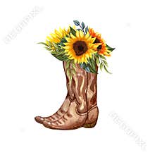 Watercolor Flowers in boots. Cowboy boot and sunflowers. Farmhouse rustic clipart isolated on white background.
