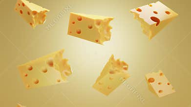 Falling pieces of Swiss, Dutch or Italian hard cheese. Triangular lump block of cheese Cheddar with holes. Advertising