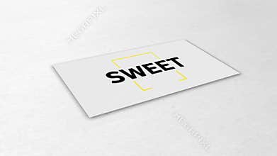 Digital animation of sweet text over yellow square crosshair against white background