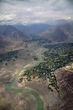 Vertical shot of the Indus river and Karakorum range in northern areas of Gilgit Baltistan, Pakistan