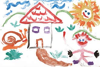 Child kids watercolor drawing of house
